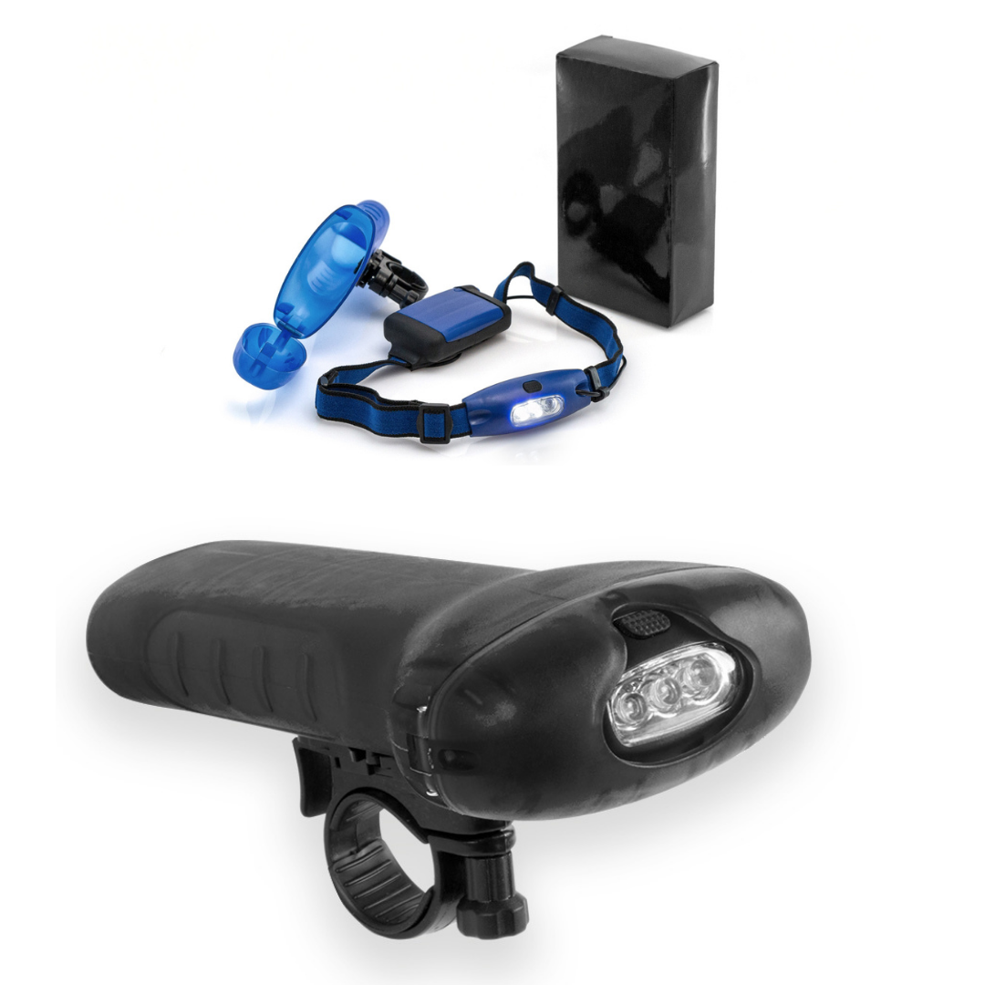 Pack de 4 Bolsa multiusos teléfono ciclismo + Linterna manillar/Frontal + linterna para barra 2 leds + chaleco reflectante homologado